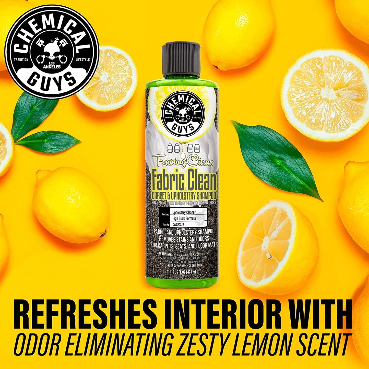 Chemical Guys Foaming Citrus Fabric Clean & Drill Brush Kit - High-Foaming Stain & Odor Remover for Car Carpets, Upholstery & Floor Mats - Deep Cleans & Deodorizes, Citrus Scent - 16 fl oz