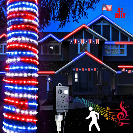Kenburg 4th of July Red White and Blue Rope Lights with Patriotic Music, 50ft 600 LED 8 Modes Fourth of July Decorations Plug in Timer Tree Lights Outdoor for Independence Day Memorial Day
