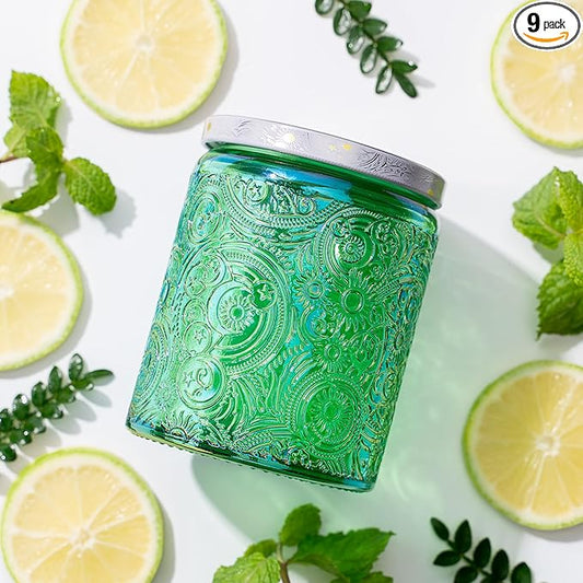 Art Secret 9-Pack 8oz Embossed Glass Candle Jars with Lids and Labels - Sun Moon Stars Design (Shining Green)