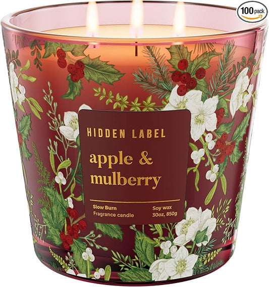 Apple Mulberry Scented Candle, 30oz 3 Wick Large Candle, 100H Long Burn Natural Soy Wax, Sweet Autumn & Winter Holiday Fragrance, Festive Gift for Women & Home Decor | Hidden Label