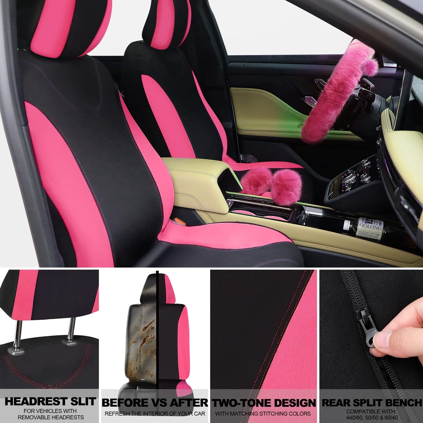 Fulmoon 17 Pcs Car Seat Cover Full Set for Women Universal Fit Car Front Rear Fluffy Steering Wheel Fleece Handbrake Shift Covers Hanging Accessory Holder Ring Emblem(Pink Black)