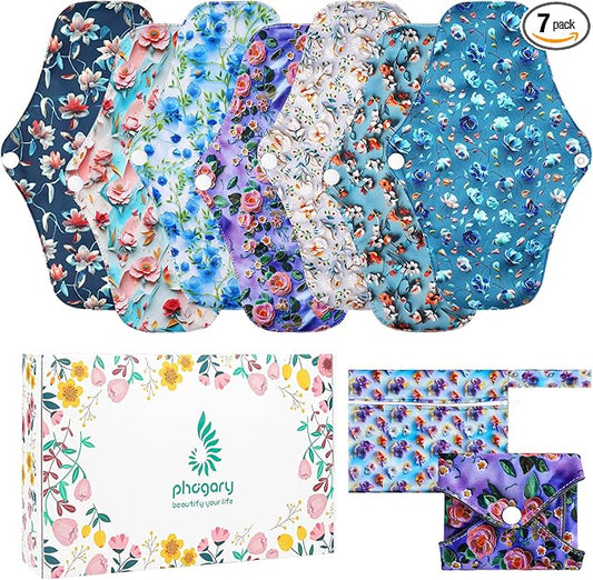 PHOGARY 7 Packs Reusable Menstrual Pads with Wings for Women, Washable Overnight Cloth Panty Liners Sanitary Pads for Heavy Flow with Wet Bag