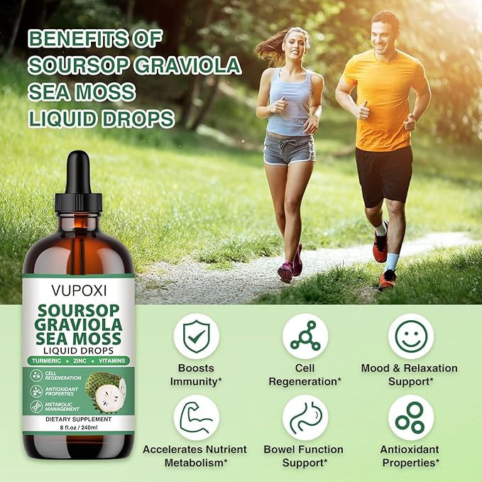 Soursop Multivitamin Liquid Drops Cell Support & Regeneration, Immune Boost,Dietary Fiber and Sleep, Organic Soursop Extract-Sugar Free, Non-GMO, 100% Vegan, Gluten-Free-8 Fl Oz/240 ML
