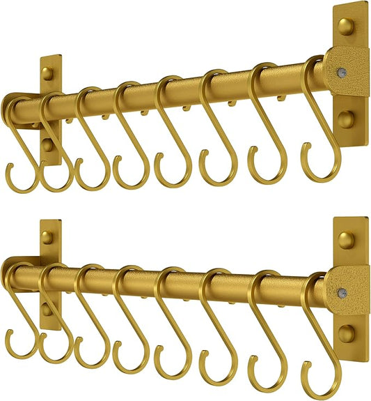Dseap Kitchen Utensil Holder Hanger, Pot and Pan Rack Wall Mounted, Kitchen Rail with 8 Hooks for Hanging Cooking Utensils, Mugs, Spoons, Wall Mounted, Gold, Pack of 2