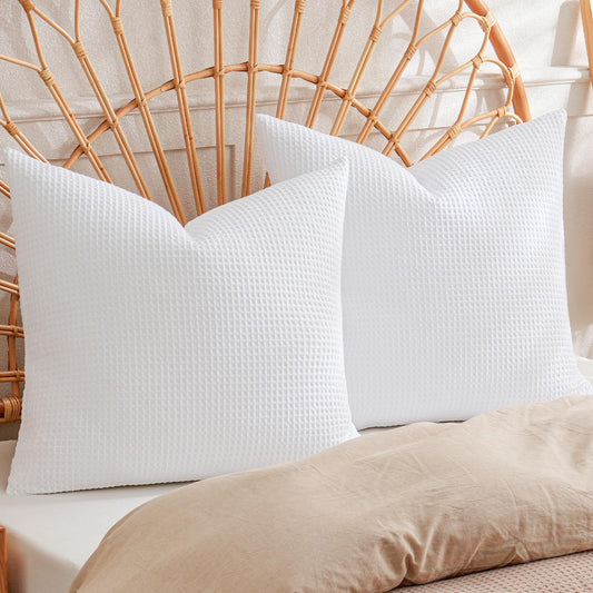 PHF 100% Cotton Waffle Weave Euro Shams 26" x 26", No Filling, 2 Pack Elegant Home Decorative Euro Throw Pillow Covers for Bed Couch Sofa, White