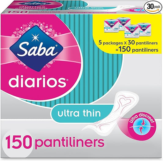 Saba Diarios Multishape Pantiliners | Ultra Thin & Discreet Panty Liners for Women | Designed for All Body Types | 150 Pantiliners (5 Packages, 30 Pantiliners Each)