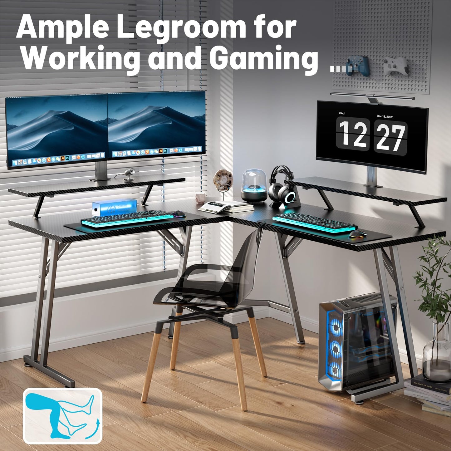HLDIRECT 51 Inch L Shaped Gaming Desk with Monitor Stand and LED Lights, Corner Computer Desk with Carbon Fiber Surface, PC Gaming Table for Home Office Writing Workstation, Easy to Install, Black