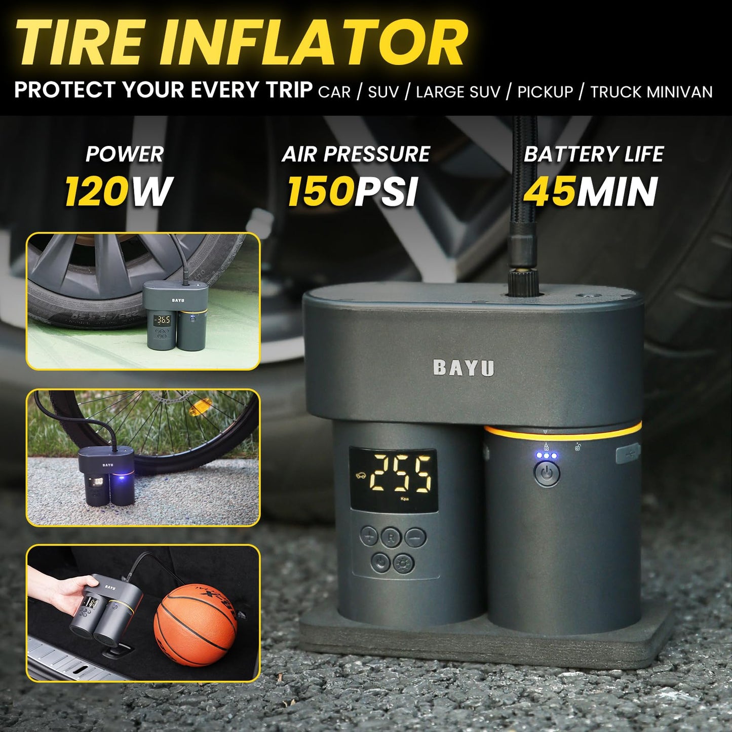 BAYU 6-in-1 Cordless Power Washer Gun Kit with Foam Bottle, Include Vacuum Cleaner 19000KPA, Car Tire Inflator, Power Bank 19200mAh, Flashlight with Lightshade, Cellphone stend (6Pcs)