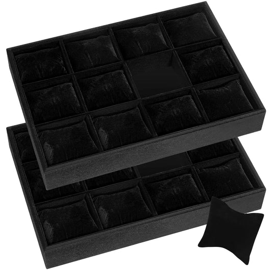 Henoyso 2 Pieces Black Velvet Watch Tray Jewelry Organizer 12 Grid Stackable Watch Bracelet Bangle Display Holder Adjustable Pillow