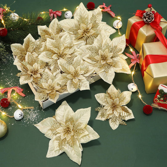 Alupssuc 24 Pcs 6"&9" Large Size Poinsettia Artificial Christmas Flowers Decorations for Christmas Tree, Boxed Christmas Ornaments Flowers Glitter Picks for Xmas New Year Decor with Clips&Sticks，Gold