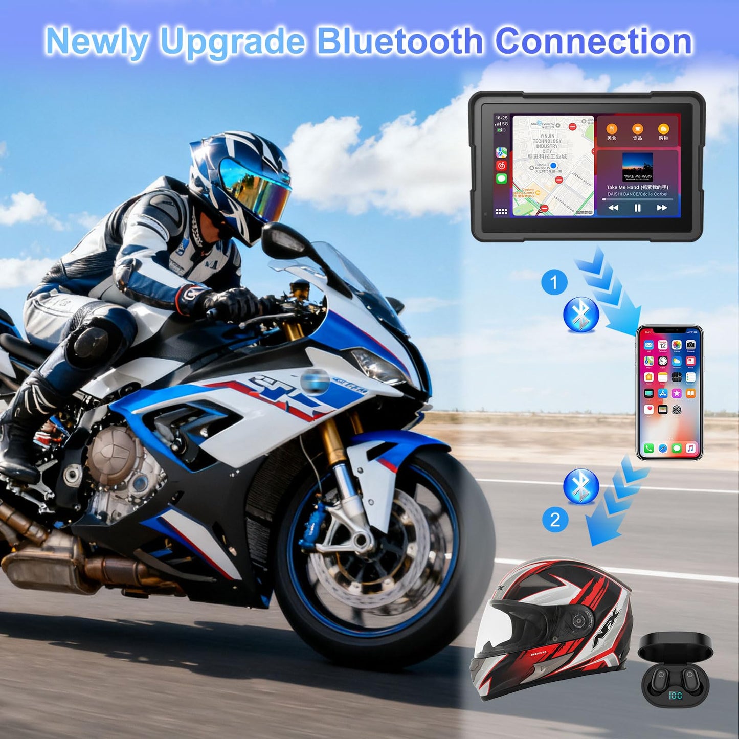 FancyTiger BM700 for BMW Motorcycle CarPlay & Android Auto, 7" IP67 Waterproof GPS Navigation Screen, Data Reading, Native Wonder Wheel Control, BT, TPMS, Light Sensor, Music Sharing, Intercom,16-Pin