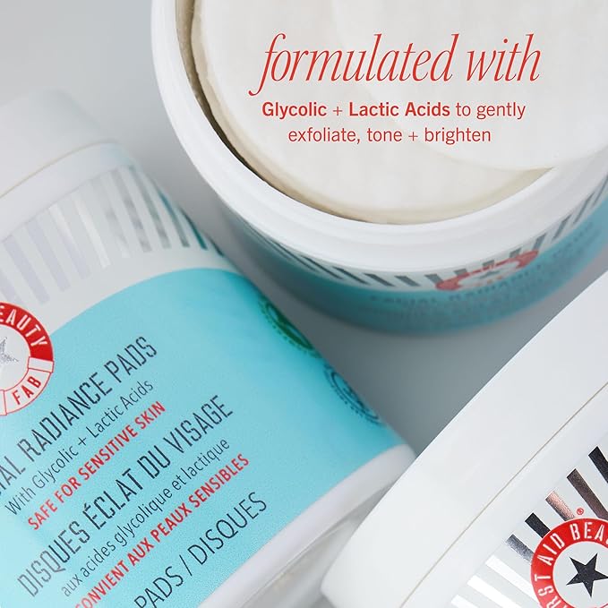 First Aid Beauty - Facial Radiance Pads with Glycolic & Lactic Acids, Daily Exfoliating Pads with AHA, Visibly Smaller Pores, Help Tone & Brighten Skin, One-Step Makeup Prep, Compostable, 28, 3ct