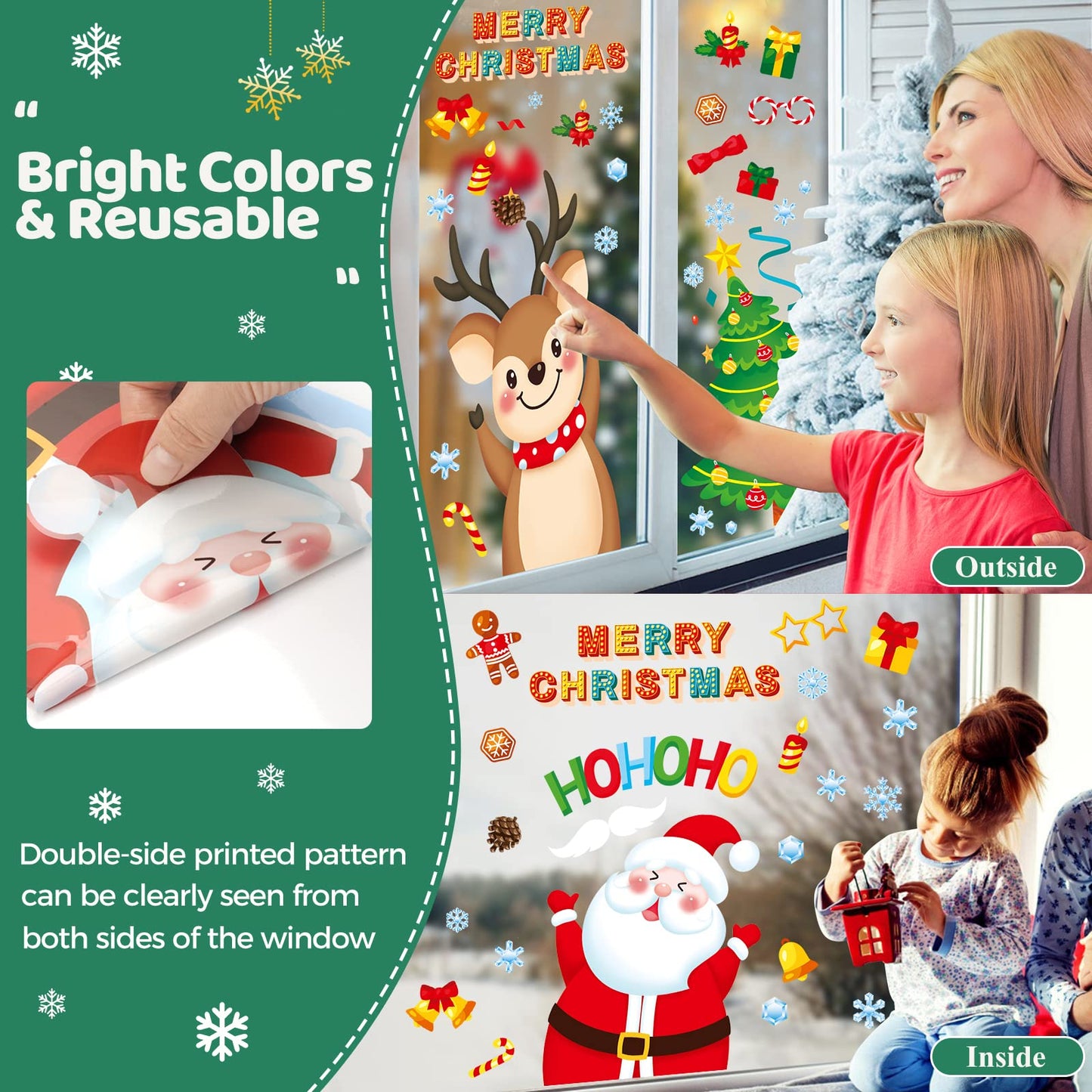 Christmas Window Clings 9 Sheets Christmas Window Stickers Santa Snowman Reindeer Xmas Snowflake Merry Christmas Window Clings, Double-Side Window Decals for Party Decorations Home School Glass