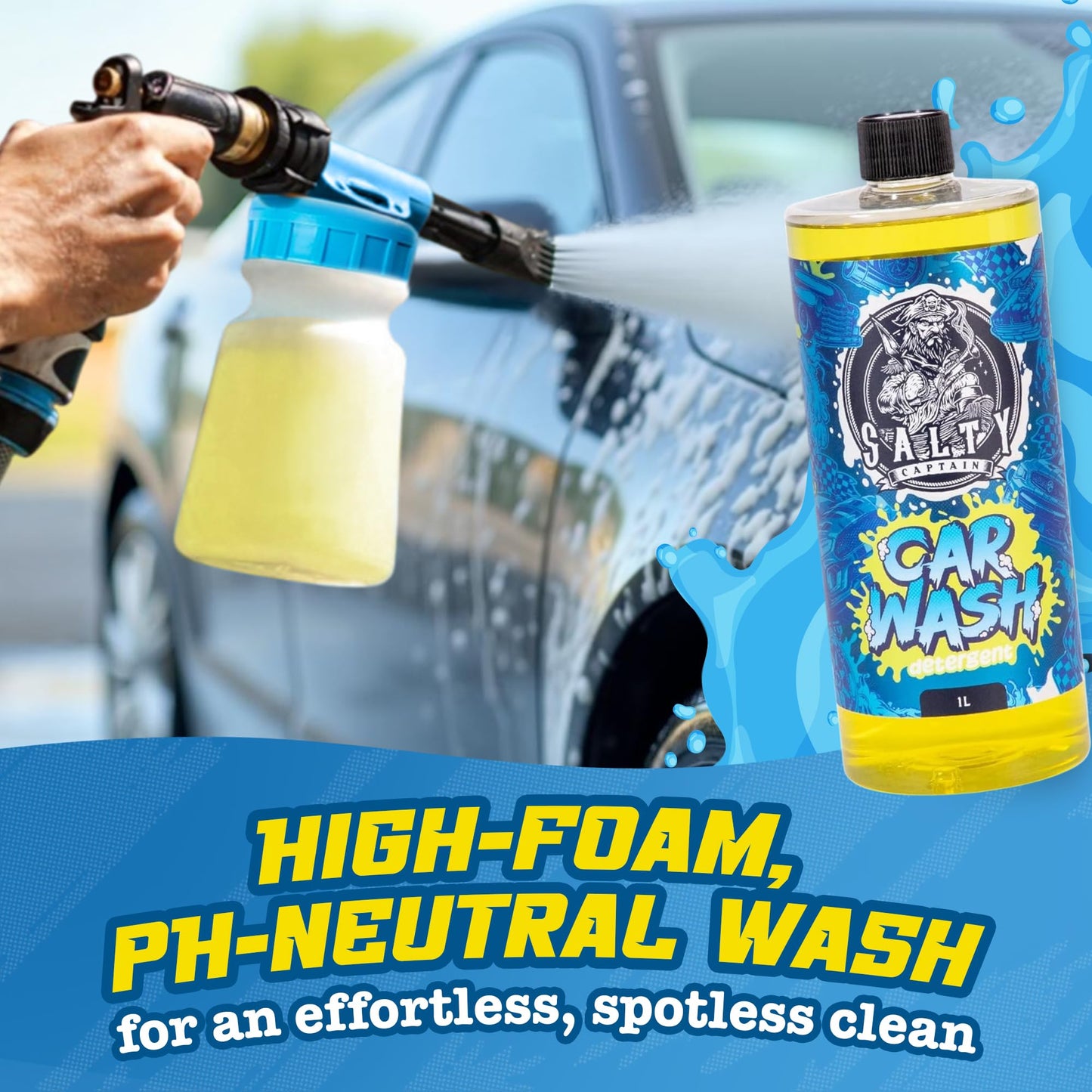 Salty Captain Mega 20-Piece DIY Car Cleaning Kit – All-in-One Car Detailing Kit with 2x Buckets, Towels, Brushes & 6x Cleaning Fluids – Foam Blaster compatible with Garden Hose – Premium Quality
