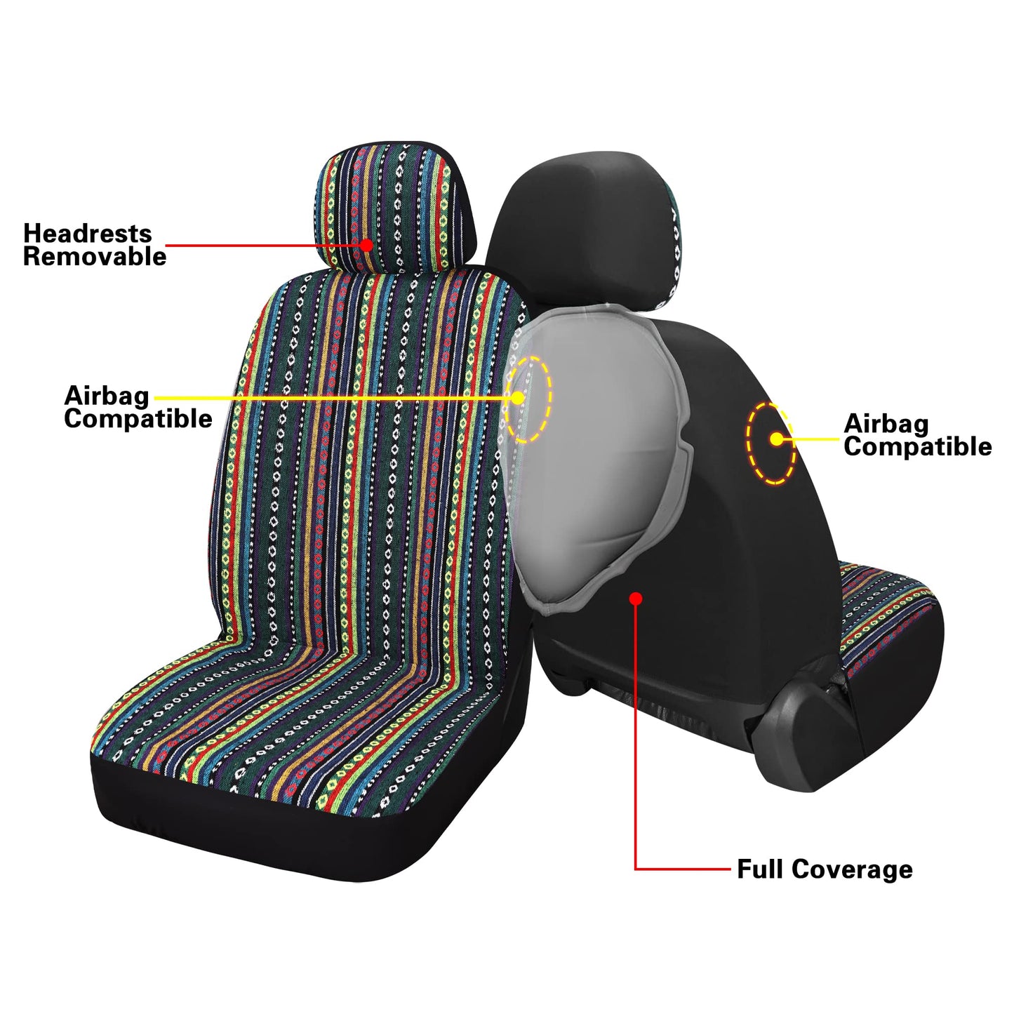 HAIYAOTIMES Baja Saddle Blanket Car Seat Covers Full Set with Seat Belt Pads, Washable Breathable Seat Covers for Cars, Universal Fit Interior Covers for Most Cars, Airbag Compatible, Red/Blue