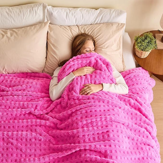 NEWCOSPLAY Super Soft Queen Blanket Pink Premium Silky Flannel Fleece 3D Waffle Checkered Lightweight Bed Blanket All Season Use (Hot Pink, Queen(90"x90"))