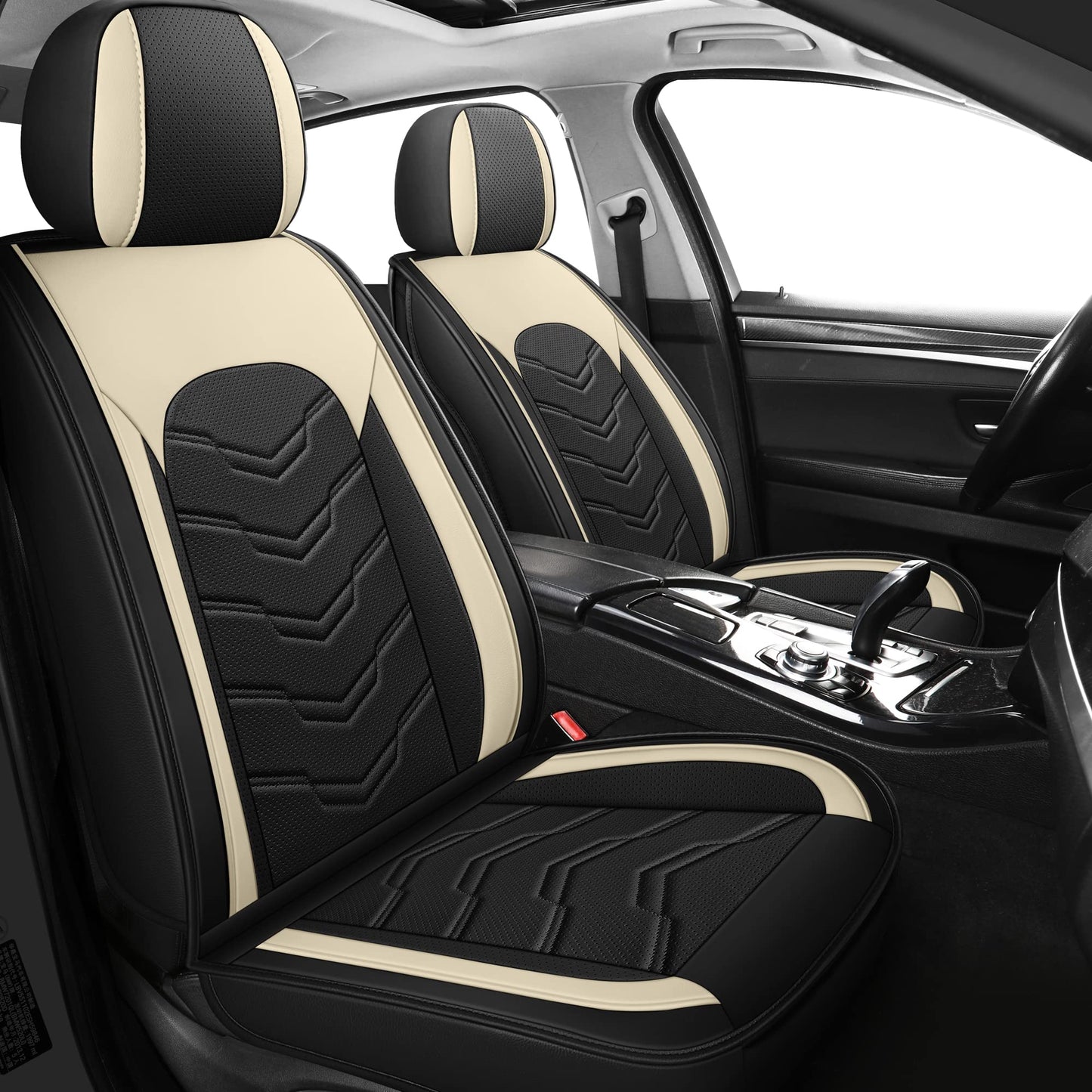 AOOG Leather Car Seat Covers 5 PCS Full Set, Breathable Faux Leatherette Automotive Seat Covers, Non-Slip Interior Covers Waterproof for Most Sedans SUV Trucks,Airbag Compatible,Beige&Black