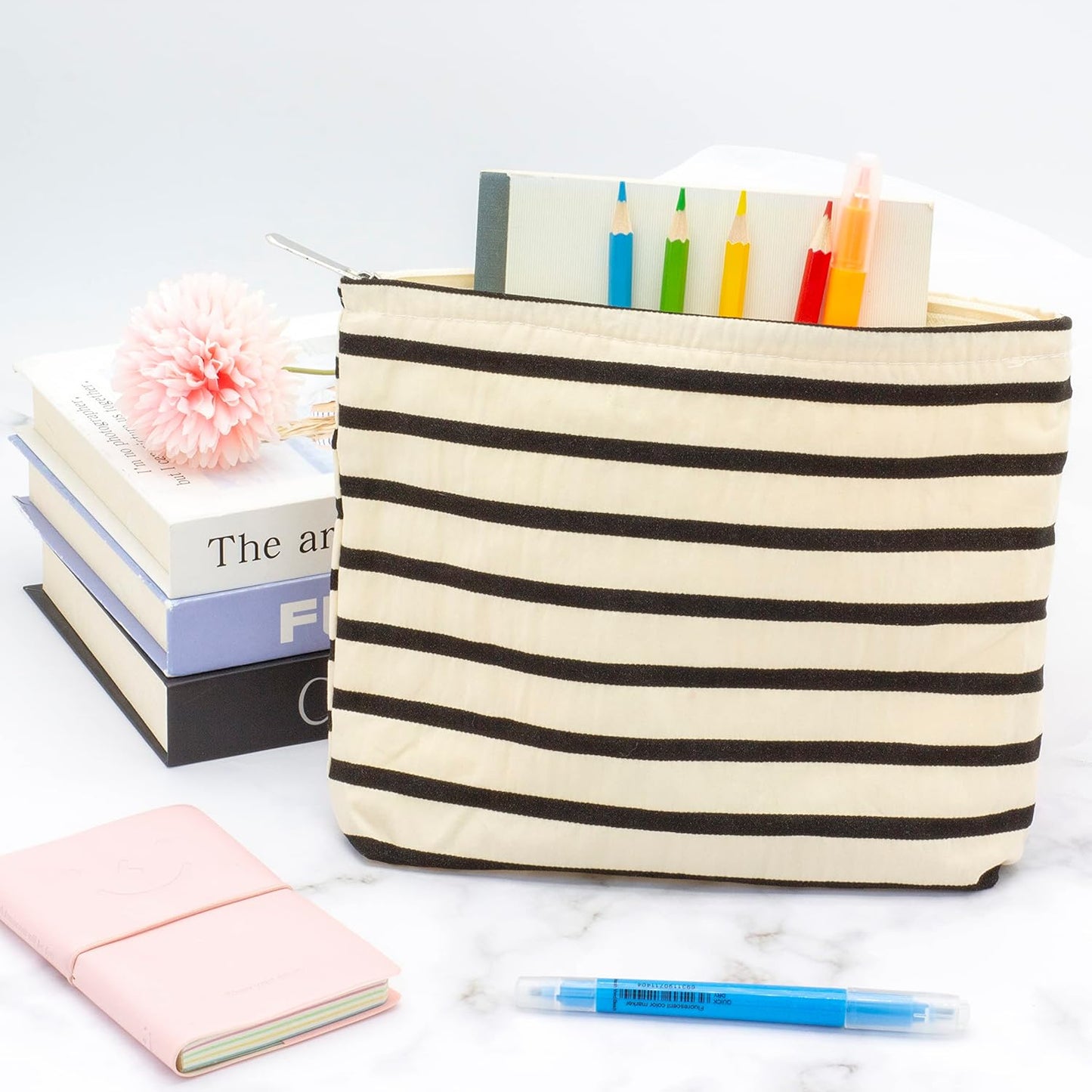PAZIMIIK Floral Makeup Bag Large Cotton Zipper Pouch for Purse Travel Canvas Make Up Organizer for Women Cosmetic,Stripe White