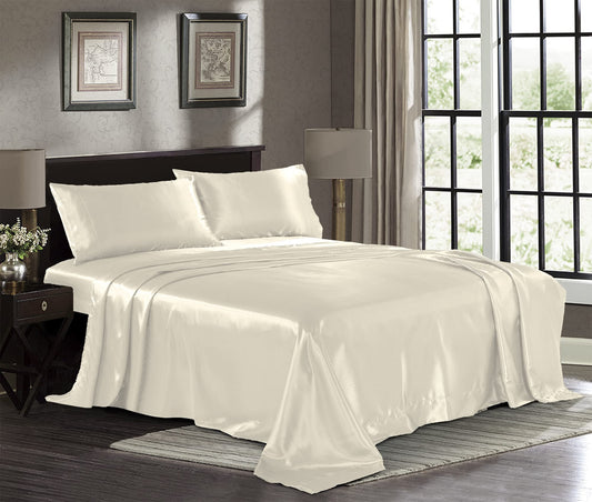 Pure Bedding Satin Sheets Queen [4-Piece, Ivory] Hotel Luxury Silky Bed Sheets - Extra Soft 1800 Microfiber Sheet Set, Wrinkle, Fade, Deep Pocket Fitted Sheet, Flat Sheet, Pillow Cases