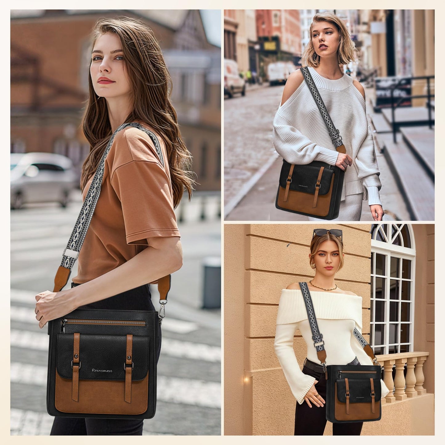 RAINSMORE Crossbody Bag for Women, Waterproof Leather Crossbody Purses Lightweight Handbags Shoulder Bag with Adjustable Shoulder Strap, Women's Crossbody Travel Purse