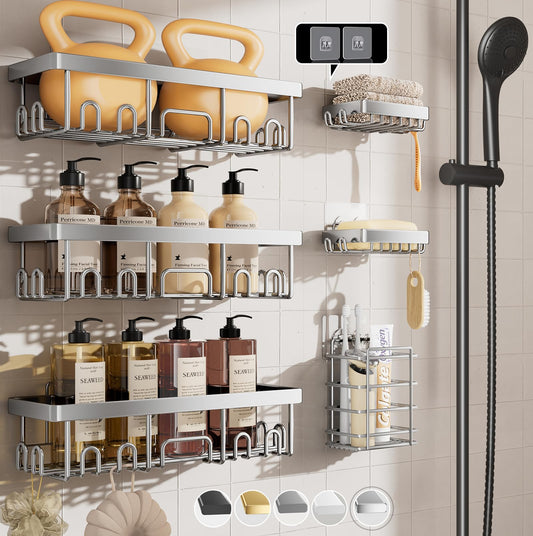 Veken Rustproof & Waterproof Shower Caddy 6-Pack, Ideal for Gift, Large Wall Mounted Shower Rack, Bathroom Shelves Over Toilet, Organizer Storage Accessories with Soap Dish & Toothbrush Holder, Silver