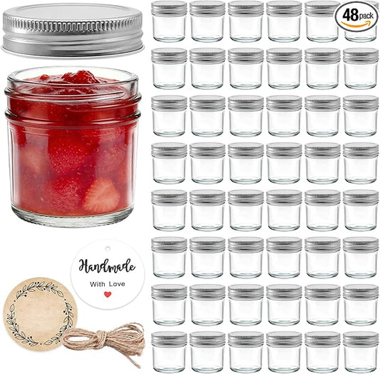 48 Pack 2 oz Small Mason Jars, Mini Glass Jars with Lids for Jam Ginger Shots Honey Spices Wedding Favors, Includes Labels, String & Handmade Tags