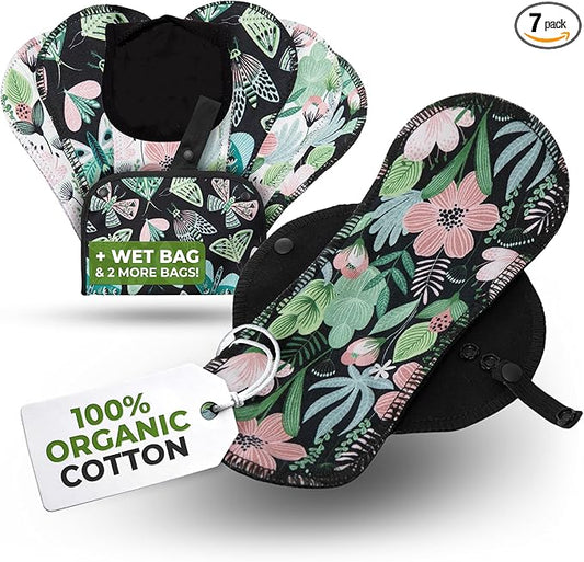 Organic Cotton EcoComfort Reusable Panty Liners for Women & Teens (Medium, 7-Pack); High-Temp Washable Cloth Liners; Stay Fresh & Dry, for Daily Vaginal Discharge Only; 100% Breathable (no PUL/TPU)