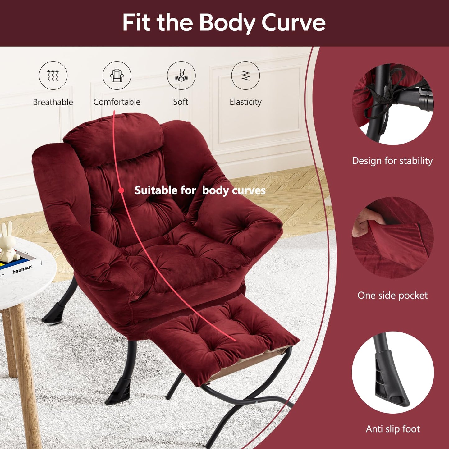 Congermom Lazy Chair with Folding Ottoman Modern Large Accent Chair,Contemporary Lounge Leisure Sofa Chair with Armrests Upholstered Sofa Armchair Reading Chair for Bedroom,Dorm&Office (Dusty Rose-f)