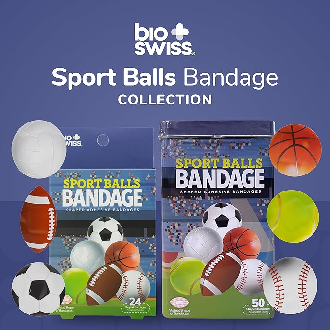 BioSwiss Bandages, Sports Balls Shaped Self Adhesive Bandage, Latex Free Sterile Wound Care, Fun First Aid Kit Supplies for Kids and Adults, 50 Count