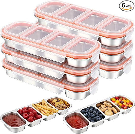 6 Pcs Stainless Steel Snack Containers with Leak Proof Lids, 4 Compartments Metal Bento Lunch Box, Reusable Stackable Divided Food Storage Containers for Meal Prep Daycare, Work