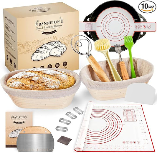 Banneton Bread Proofing Basket - Sourdough Starter Kit Includes 10" Oval Banneton Sourdough Proofing Basket Set of 2, Sourdough Bread Baking Supplies for Making Baking Fermentation