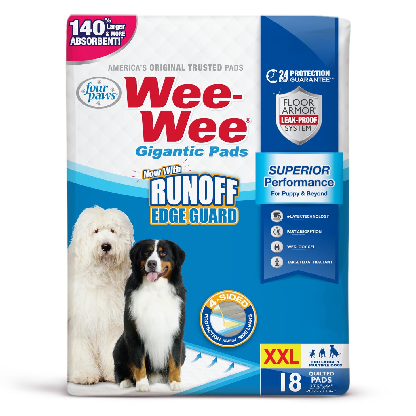 Four Paws Wee-Wee Superior Performance Pee Pads for Dogs with Runoff Barrier Edge Guard Protection, Puppy & Dog Potty Training Pads, Housebreaking Supplies, 27.5" x 44" (18 Count)