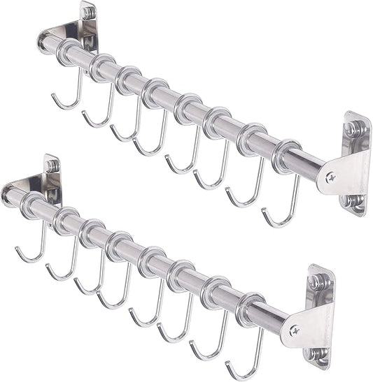 Dseap Kitchen Hooks for Hanging Utensils, Hanging Pot Rack, Kitchen Utensil Hanger Rail with 8 Hooks for Pots Pans, Spoons, Mugs, Wall Mounted, Stainless Steel, Chromed, Pack of 2