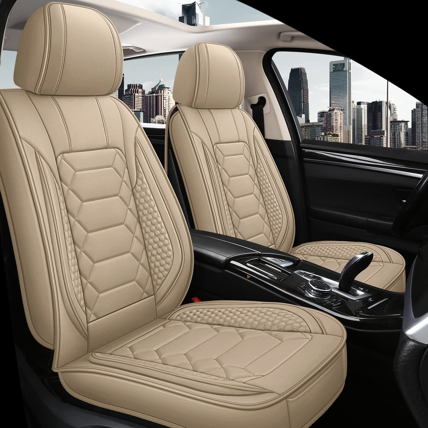 HAIYAOTIMES Leather Car Seat Covers Full Set, Waterproof Faux Leather Seat Covers for Cars, Non-Slip Car Interior Covers Universal Fit for Most Cars Sedans Trucks SUVs, Beige