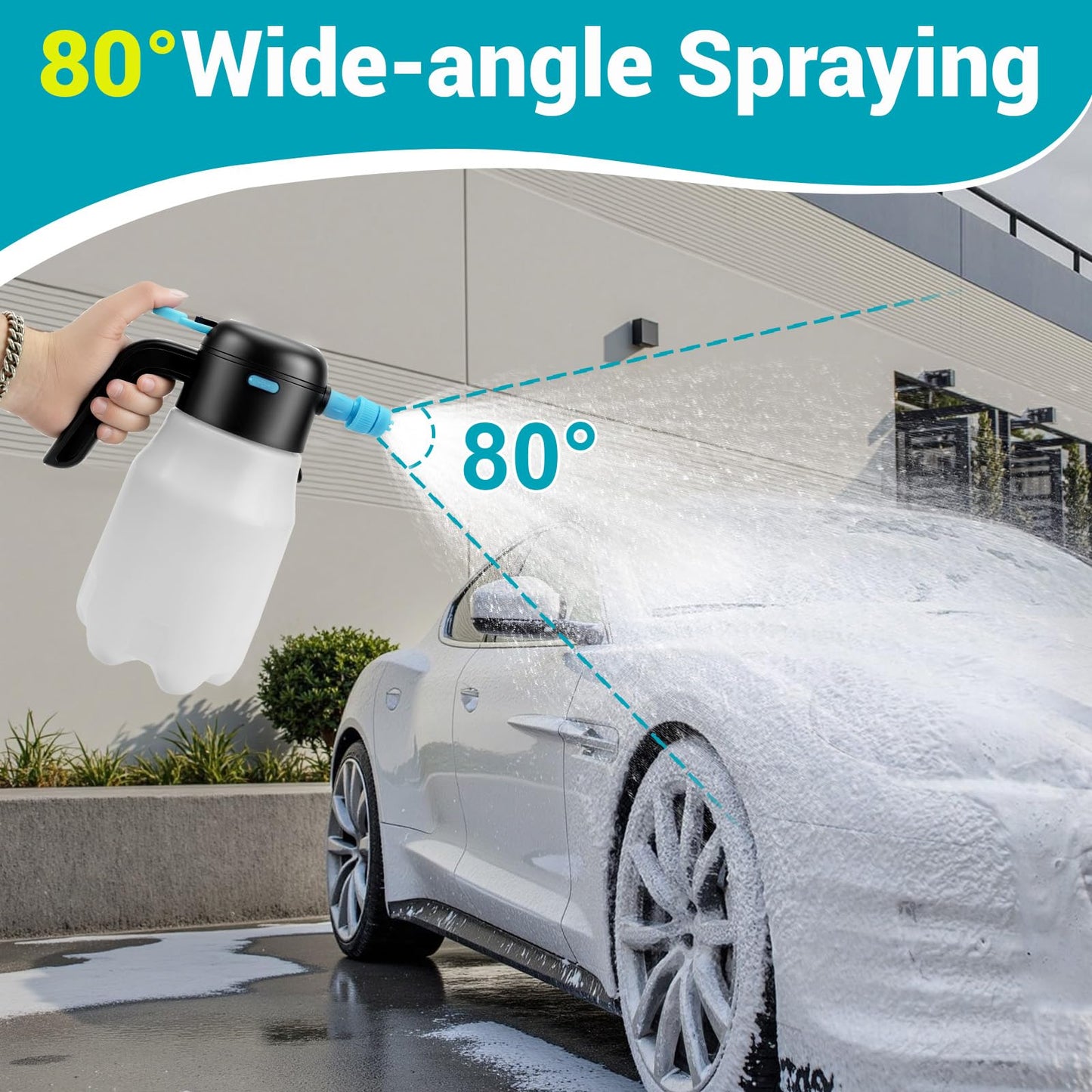 Electric Foam Sprayer Car Wash, 60PSI Foam Sprayer Auto Pressurized with 2 Nozzles(Foam/Water Stream), Built-in 7.4V Pump, 2x2000mAh Battery, for Car Wash, Window Cleaning, Garden&Home Use-68oz/2L