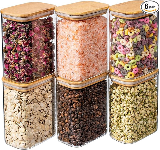 37oz 6PCS Rectangle Glass Pantry Containers with Lids, Glass Jars with Lids, Clear Food Storage Jars, Small Canister for Salt, Pepper, Spices, Nuts, Loose Tea, Coffee, Sugar, Candy