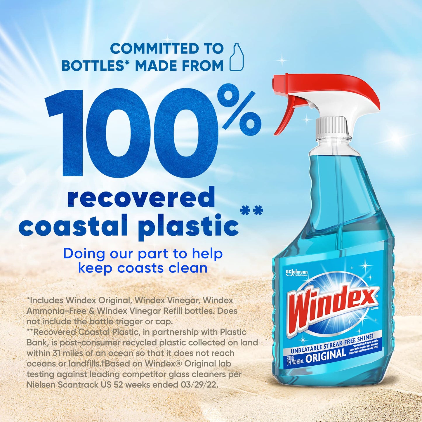 Windex Refill Glass and Window Cleaner Bottle, Bottle Made from 100% Recycled Plastic, Surface Cleaning Spray, Original Blue Scent, 2L (67.6 Fl Oz)