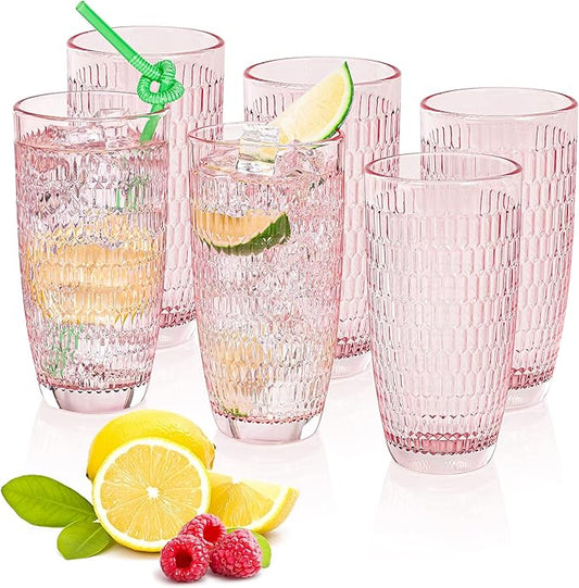 CREATIVELAND Highball Beverage Glasses Set of 6 Romantic PINK Colored Thick & Heavy Base Big Capacity 14.87oz|440ml, Drinking Glass Tumblers for Iced Tea, Water, Soda & Juice and Cocktails etc