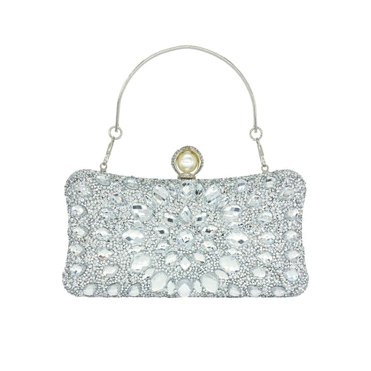 MAIRLOM Rhinestone Clutch Purses for Women Evening Wedding Formal - Pearl Clasp Handbag Crystal Gemstone Bag for Party Prom(Solid Silver)