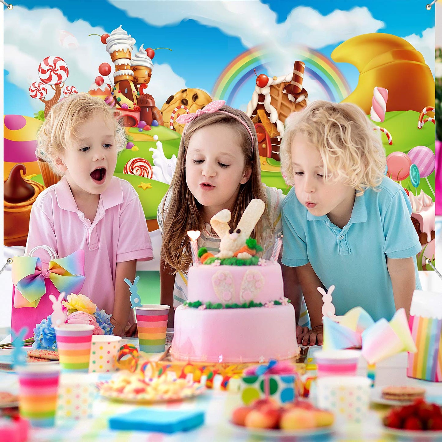 Blulu Candy Backdrop Birthday Party Banner, Christmas Large Fabric Sweet Donut Backdrop for Candy Party Decoration, Sweet Cartoon Landscape Baby Shower Background Photo Props, 72.8 x 43.3 Inch
