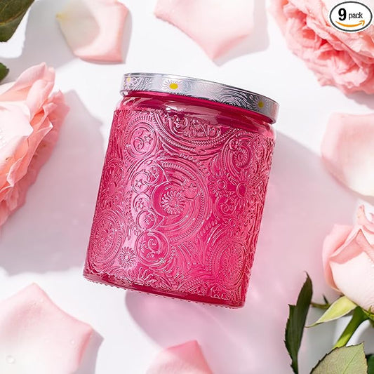 Art Secret 9-Pack 8oz Embossed Glass Candle Jars with Lids and Labels - Sun Moon Stars Design (Pink)