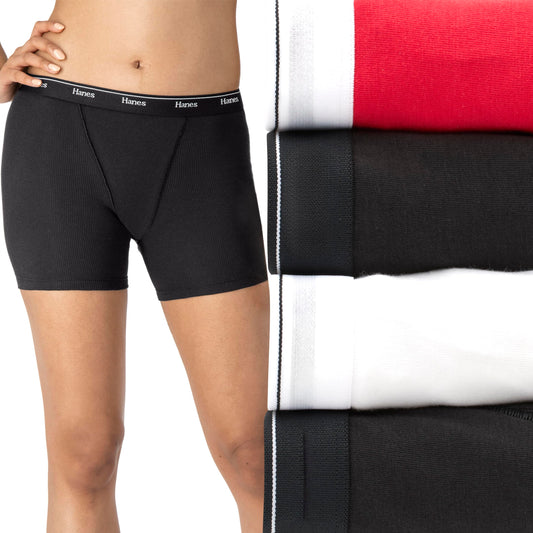 Hanes Women's Mid-Thigh Boxer Brief Pack, Stretch Cotton Underwear, 4-Pack, Basic Color Mix, Small