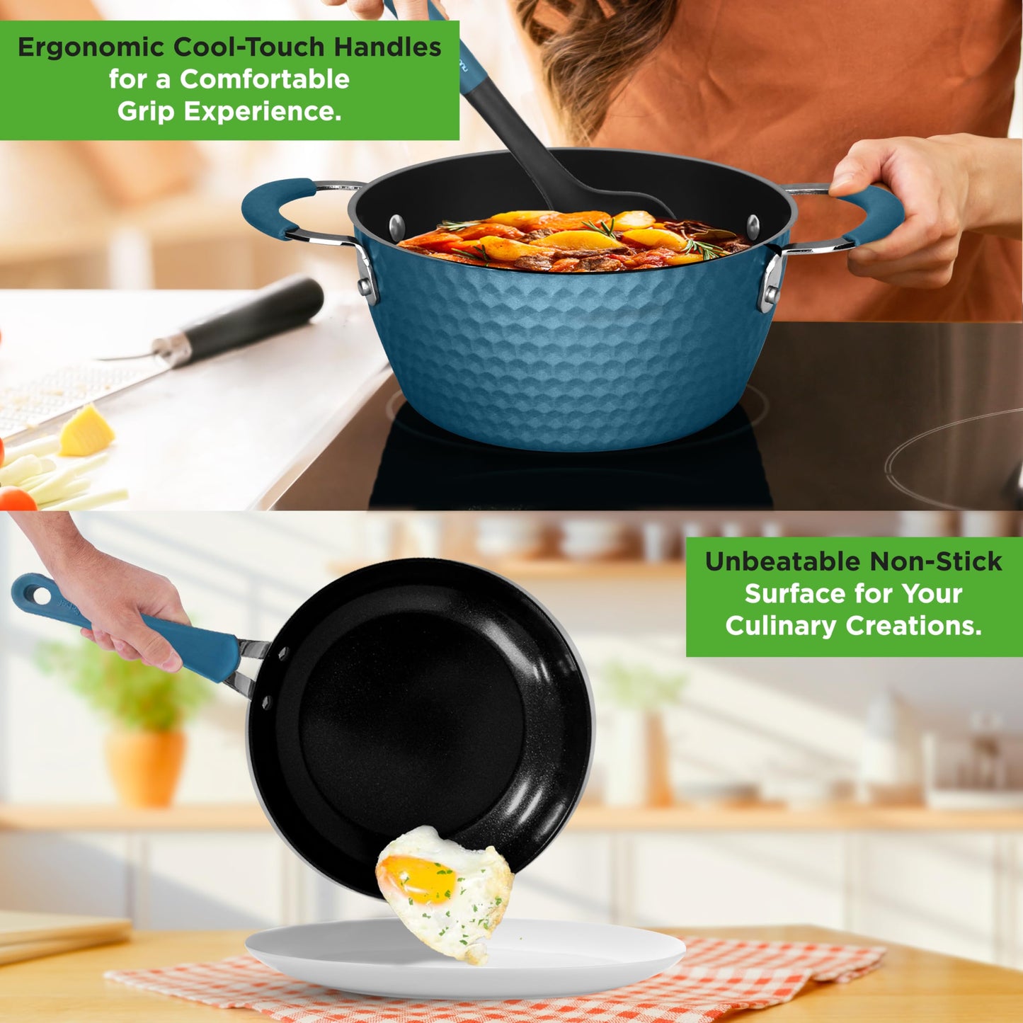 NutriChef 11 Pc Ceramic Cookware Set - Excilon Blue Diamond, Nonstick, Induction Ready, Includes Saucepan, Fry Pans, Dutch Oven, Utensils, Dishwasher Safe - NCCW11BD.7