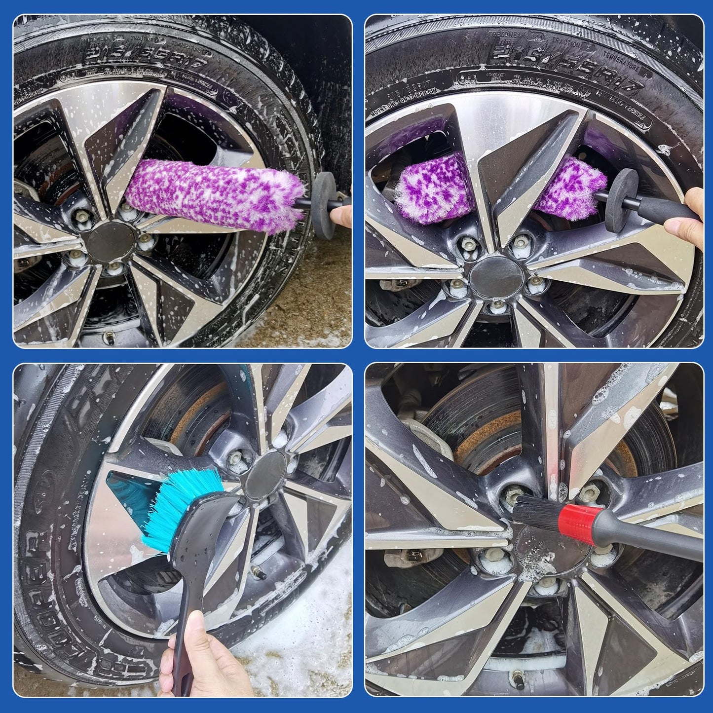 KLeXiC 4 Pack Wheel Tire Cleaning Brush Kit Cars Motorcycles RVs Trucks Rim Hub Ultra Soft Microfiber No Spatter 360 Bendable Synthetic Woolies Wash Vehicles Bristle Set