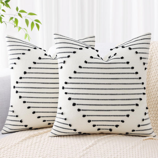 Mecatny Boho Outdoor Throw Pillow Covers 18X18 Set of 2, Farmhouse Decorative Summer Pillow Covers for Couch Sofa Living Room, Black & Cream White