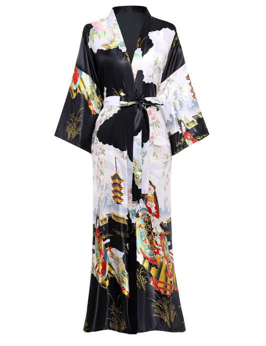 PRODESIGN Kimono Robe for Women - Long Satin Sleepwear Silky Kimono Cover-Up Nightgown Japanese Bathrobe Loungewear Blouse