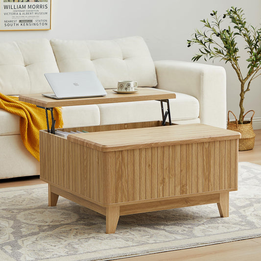 NVETHM Lift Top Coffee Table, Square Coffee Table with Hidden Storage Compartment, Farmhouse Wood Center Table Dining Table for Living Room, Bedroom, Home Office (Natural)