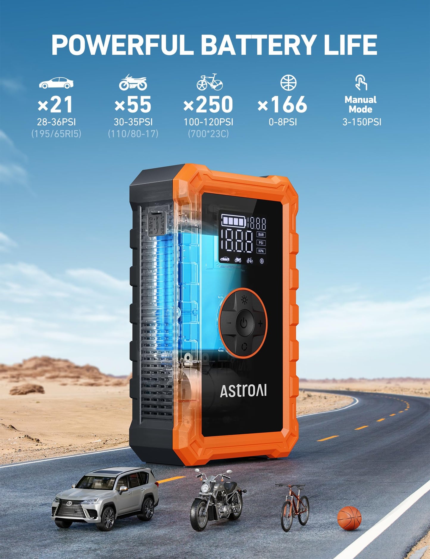 AstroAI S8 Air Jump Starter with Air Compressor, 1500A Peak Car Battery Jump Starter Portable (6.0 Gas/3.0L Diesel) with 150PSI Cordless Auto-Shutoff Tire Inflator, 12V Battery Charger Booster(Orange)