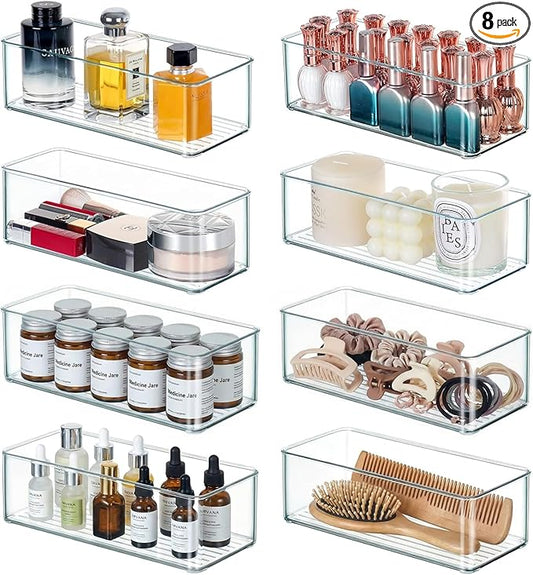 8 PACK Drawer Organizer Bins Bathroom Deep Drawer Organizer Tray for Cutlery Vanity Make-up, Clear Stackable Storage Bins for Kitchen Cabinet Closet Counter Organization and Storage