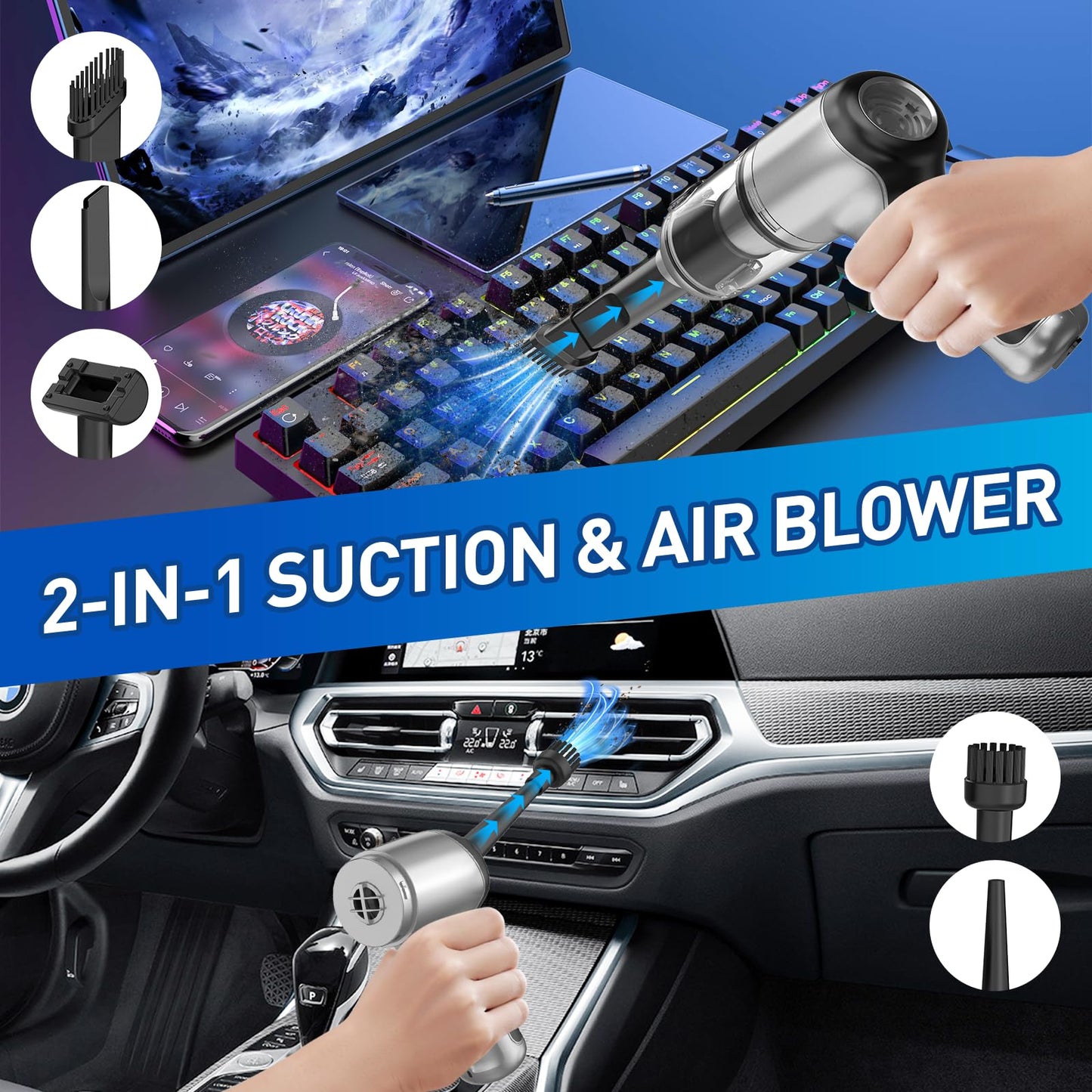 AHNR Handheld Car Vacuum Cleaner Cordless with Brushless Motor, 20000PA High Power Vacuum Cleaner & Air Duster, 3 in 1 Keyboard Portable Mini Hand Held Vacuums Cleaner for Car Home